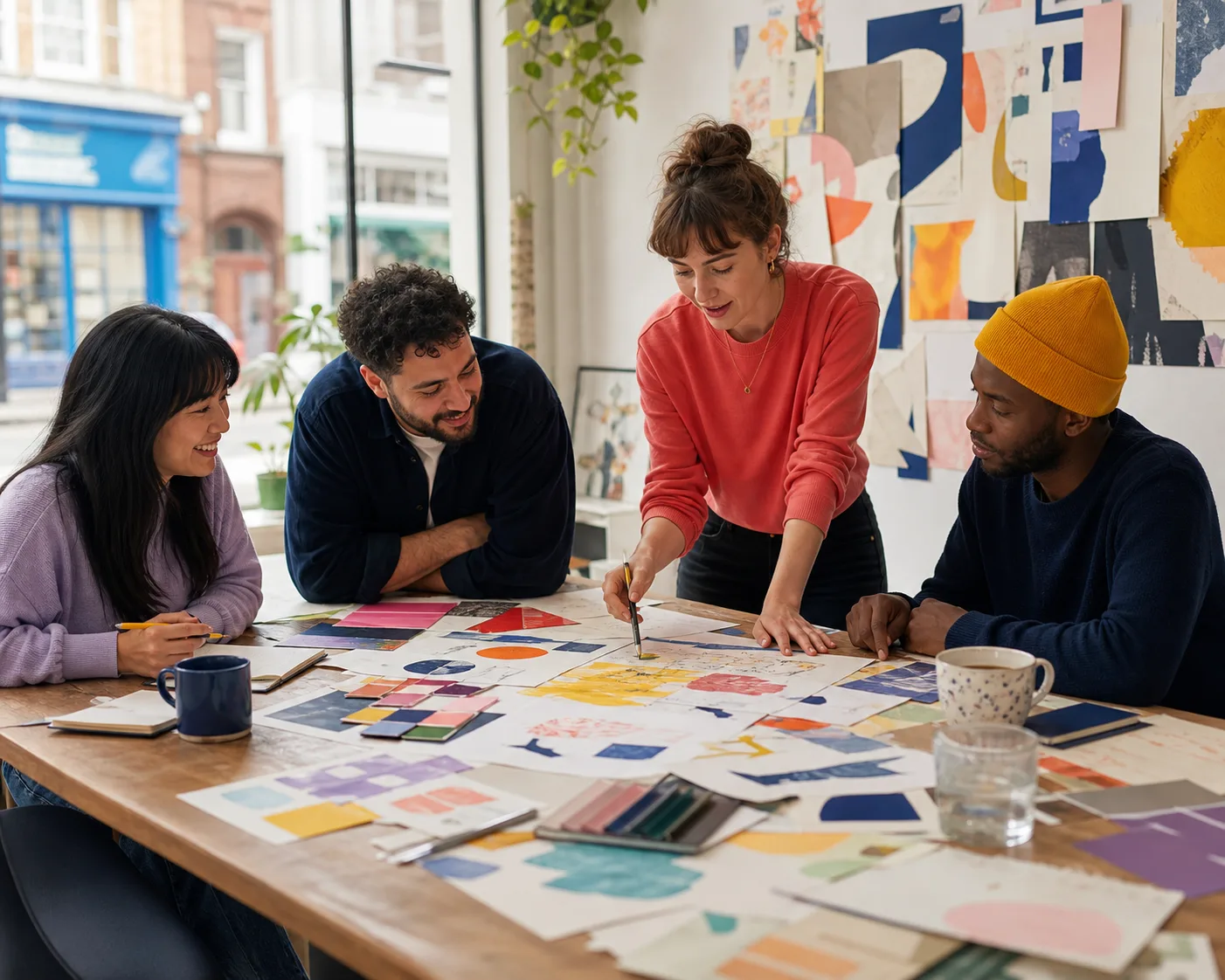 A small creative team collaborating around a table of colourful ideas.