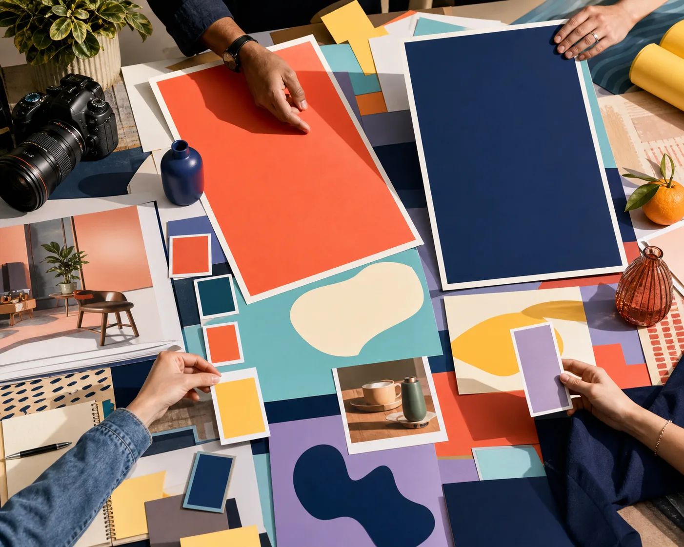 A campaign planning table filled with bold blank posters and creative materials.