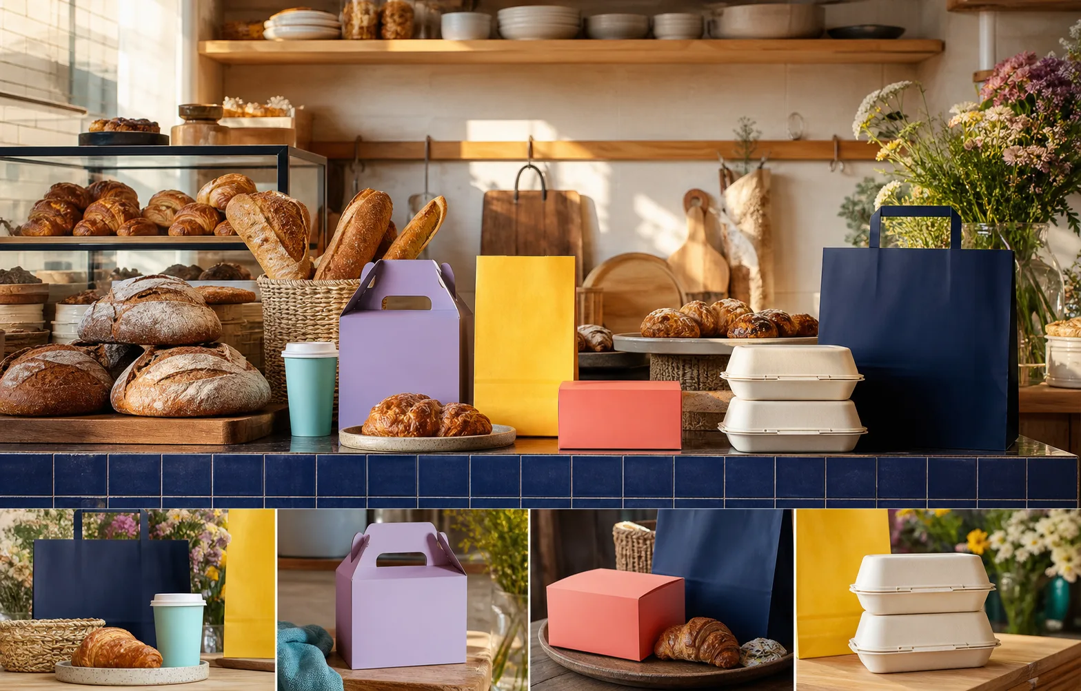 Concept-only bakery brand scene with bread and colourful blank packaging.