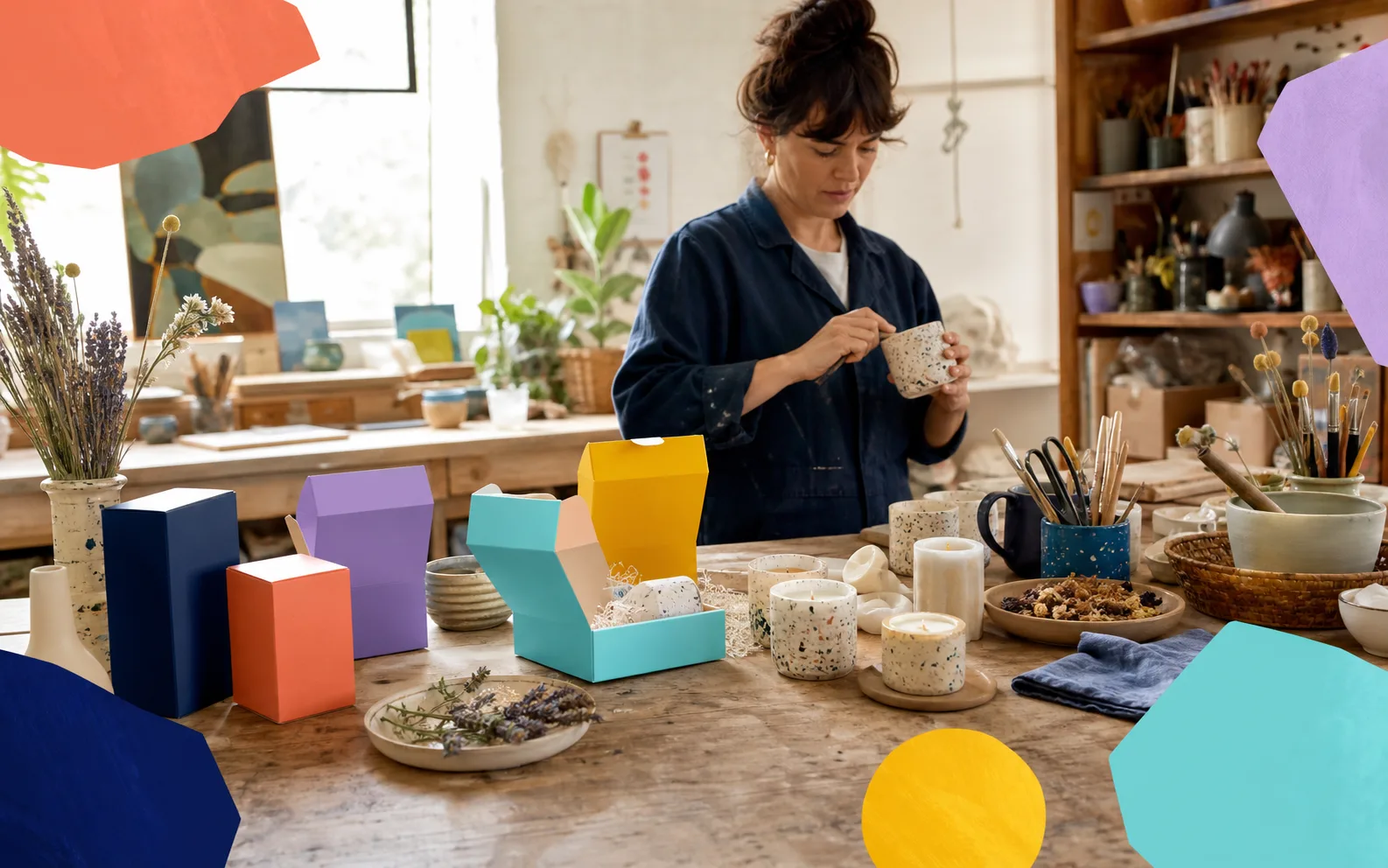 Concept-only craft workshop with handmade objects and colourful packaging.