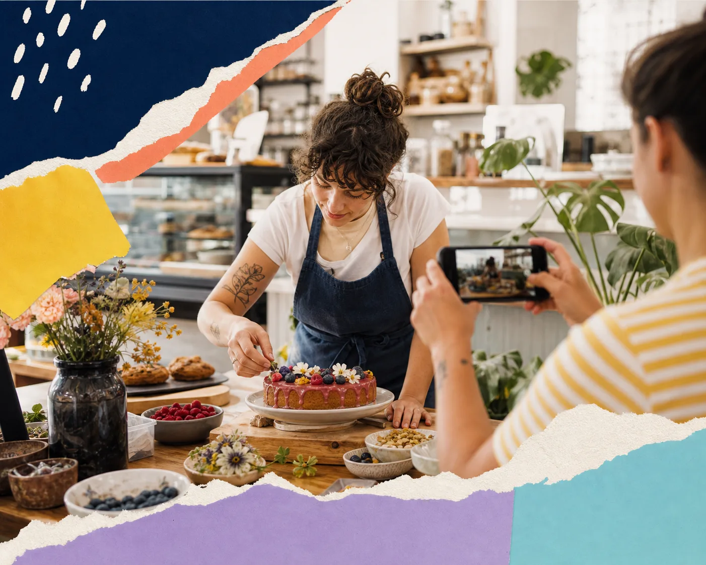 A bakery owner creating authentic social content with a colleague.