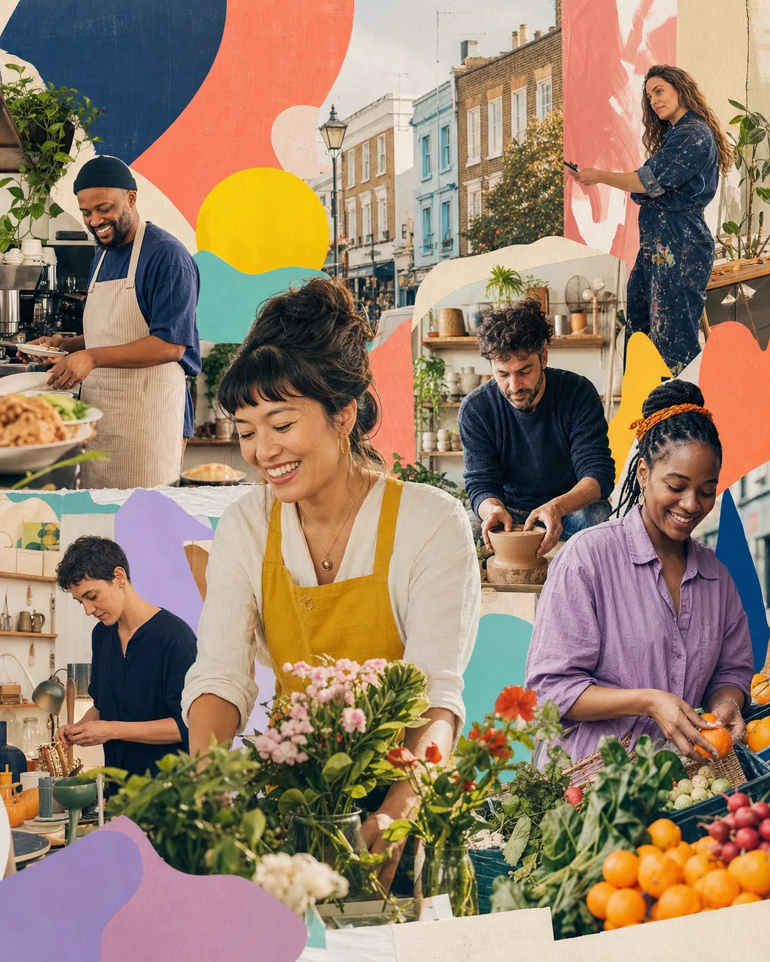 A colourful editorial collage of independent local business owners at work.