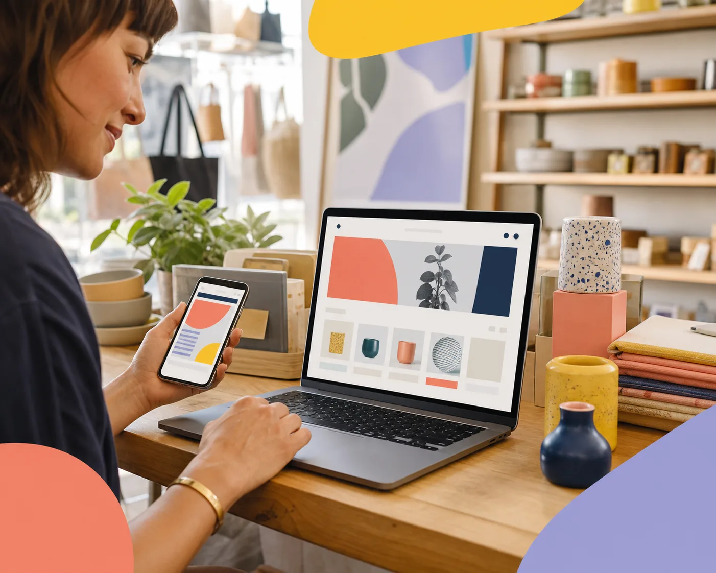 An independent shop owner reviewing an online shop on a laptop and phone.